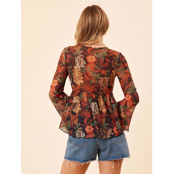 Sheer Mesh Bohemian Floral Flared V-Neck Shirt Long Bell Sleeve - Picture 11 of 13
